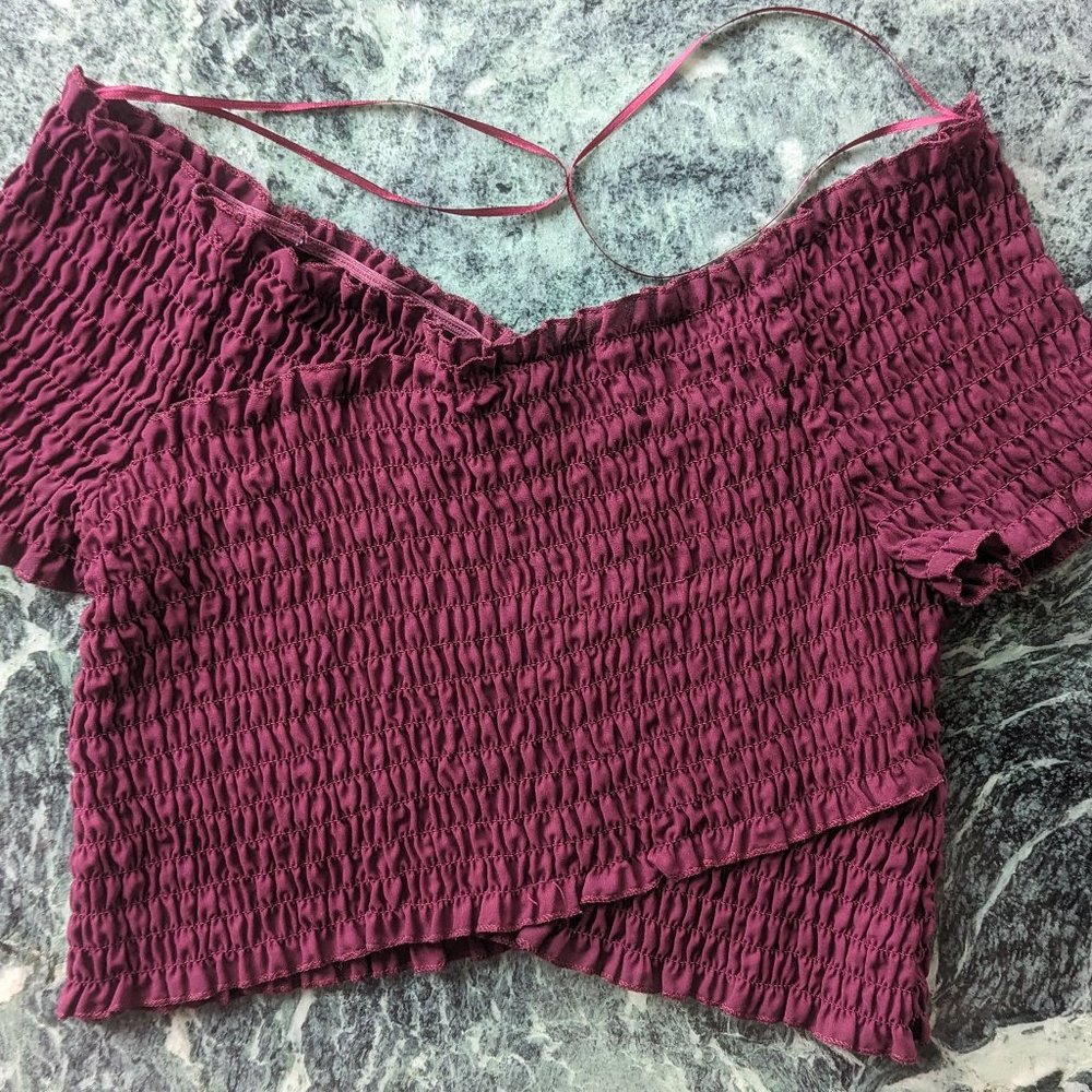 Ambiance Size L Burgundy Crop Off-the-Shoulder Top - Picture 11 of 12